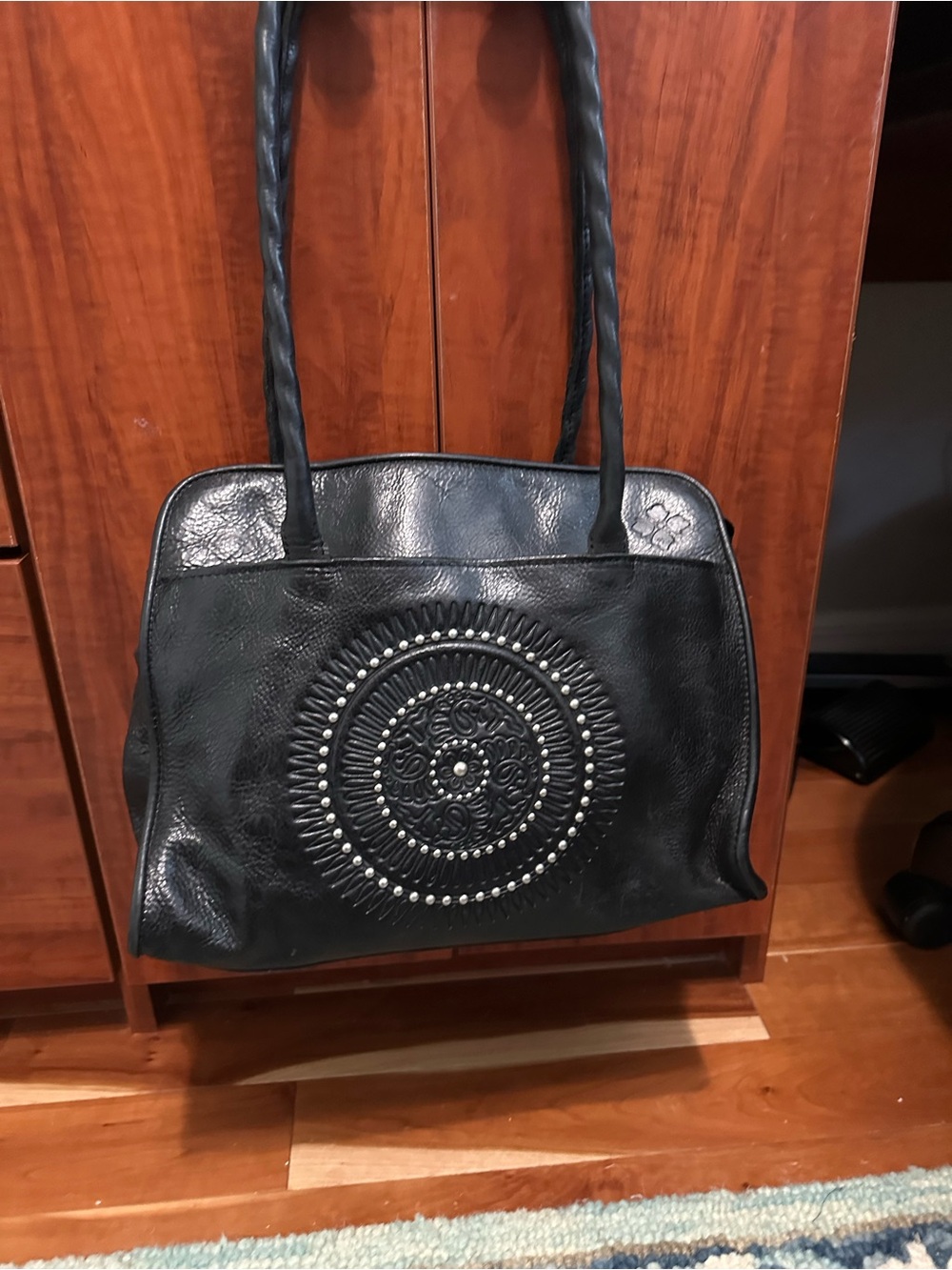 Patricia Nash Black Leather Studded Medallion Shoulder Bag for Women BEAUTIFUL